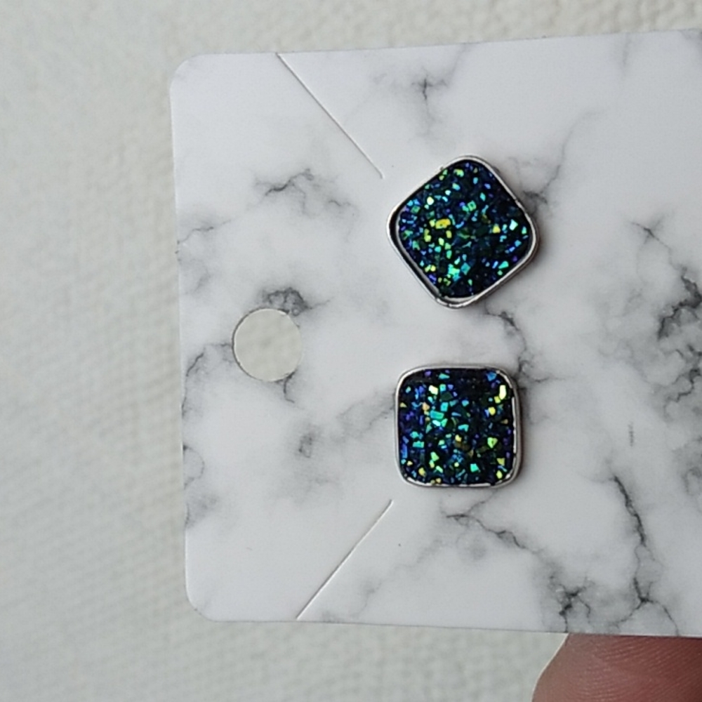 Stainless Steel Druzy Stud Earrings Square Shape Blue, Green & Gold (31)